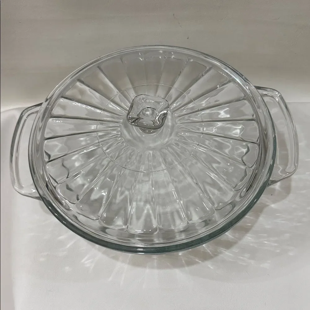 Anchor Hocking 2 Qt Glass Round Ribbed Baking Dish & Lid Handles 9X4 In Vintage